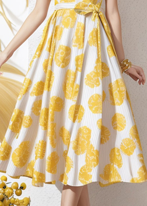 Yellow Ruffled Print Tie Waist Silk Dress Summer