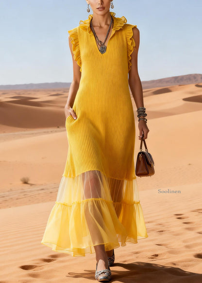 Yellow Ruffled Tulle Patchwork Knit Long Sweater Dress Sleeveless