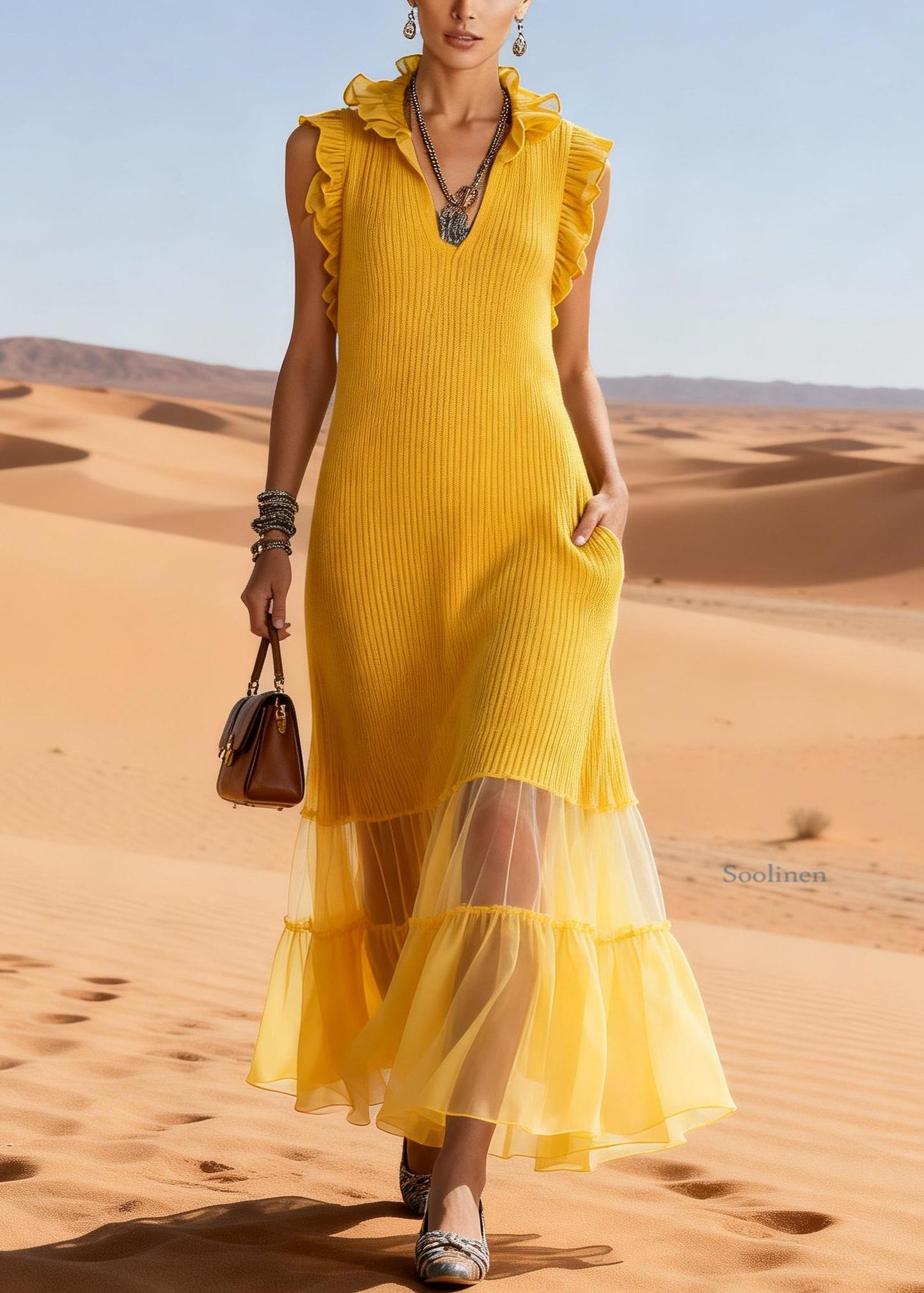 Yellow Ruffled Tulle Patchwork Knit Long Sweater Dress Sleeveless