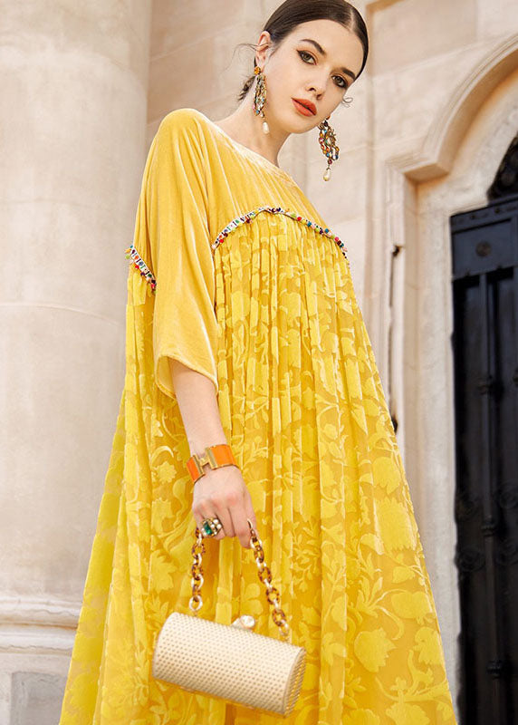 Yellow Square Collar Patchwork Silk Velour Maxi Dress Bracelet Sleeve