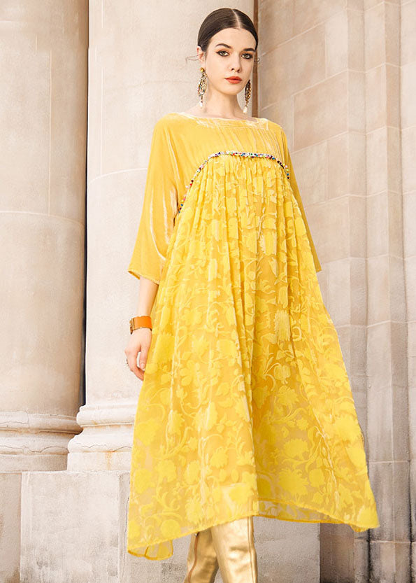 Yellow Square Collar Patchwork Silk Velour Maxi Dress Bracelet Sleeve