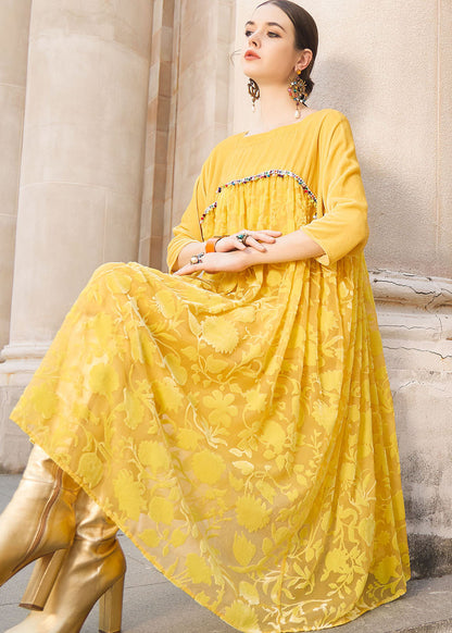 Yellow Square Collar Patchwork Silk Velour Maxi Dress Bracelet Sleeve