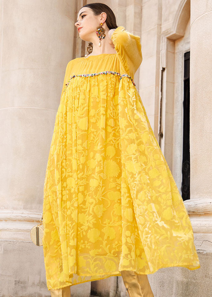 Yellow Square Collar Patchwork Silk Velour Maxi Dress Bracelet Sleeve