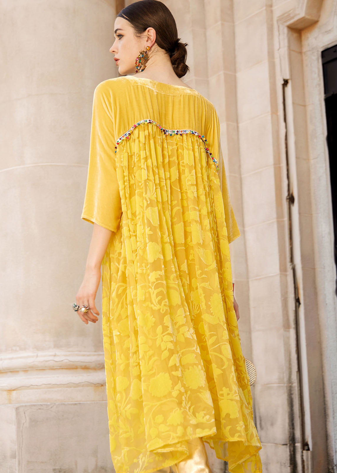 Yellow Square Collar Patchwork Silk Velour Maxi Dress Bracelet Sleeve