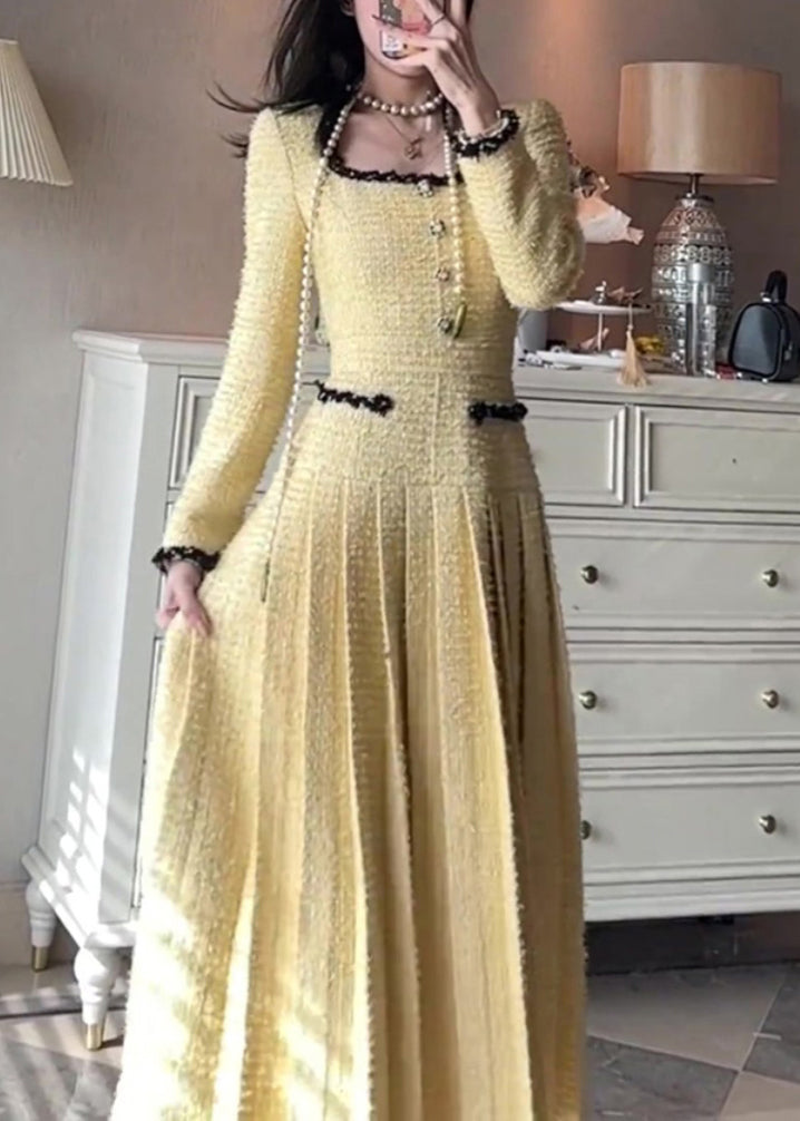 Yellow Square Collar Pleated Dresses Fall