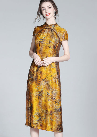 Yellow Stand Collar Patchwork Side Open Silk Dress Summer