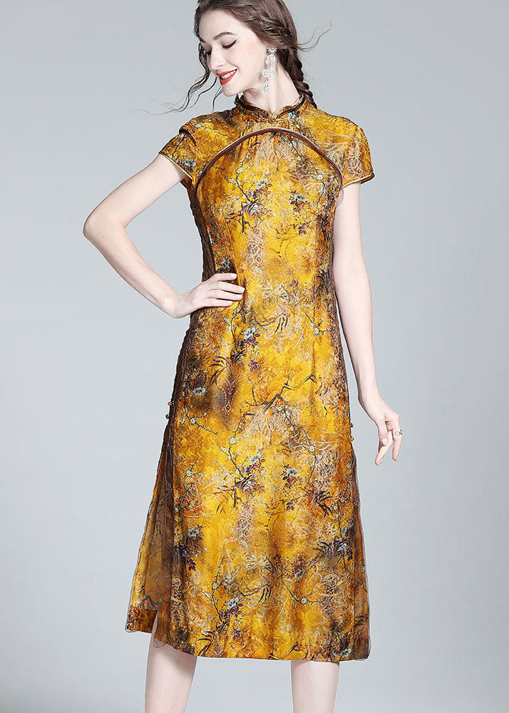 Yellow Stand Collar Patchwork Side Open Silk Dress Summer
