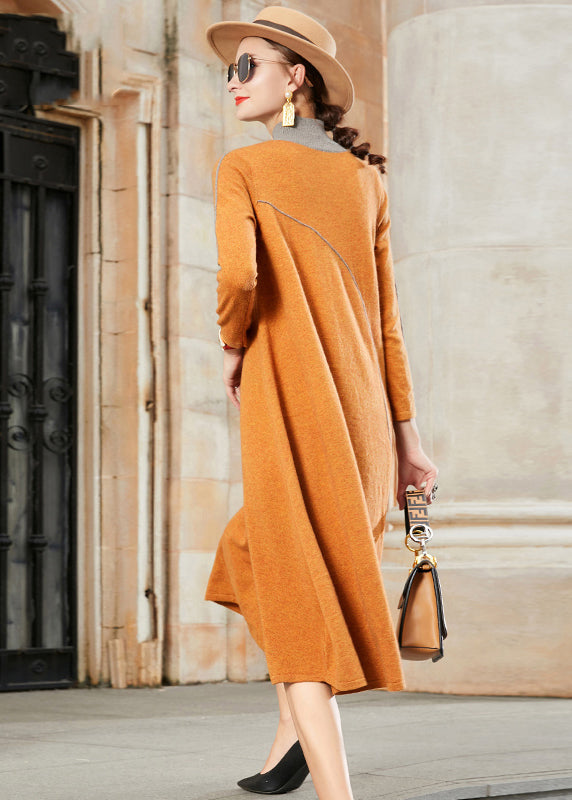 Yellow Stand Collar Patchwork Woolen Dresses Fall