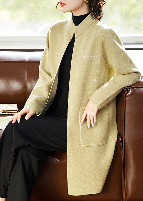 Yellow Stand Collar Pockets Woolen Cardigan Spring