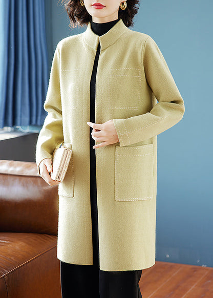 Yellow Stand Collar Pockets Woolen Cardigan Spring
