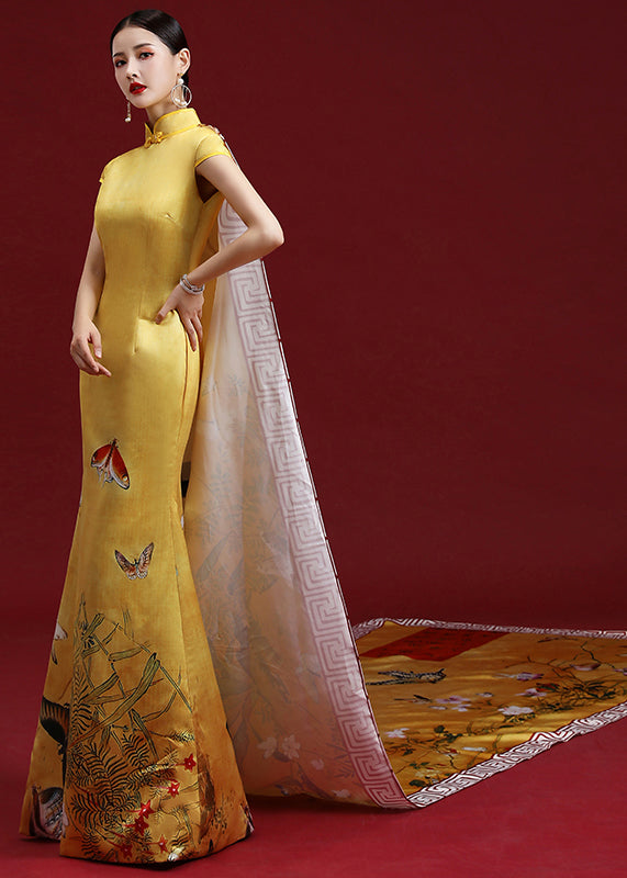 Yellow Stand Collar Print Patchwork Silk Holiday Dress Summer