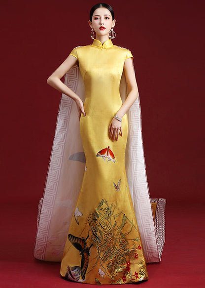 Yellow Stand Collar Print Patchwork Silk Holiday Dress Summer
