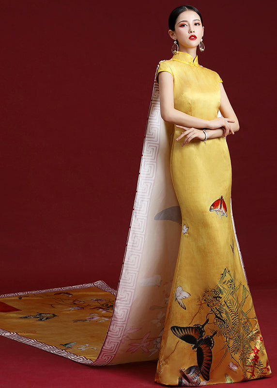 Yellow Stand Collar Print Patchwork Silk Holiday Dress Summer