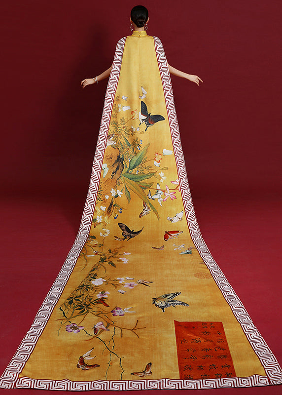 Yellow Stand Collar Print Patchwork Silk Holiday Dress Summer