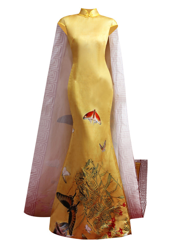 Yellow Stand Collar Print Patchwork Silk Holiday Dress Summer