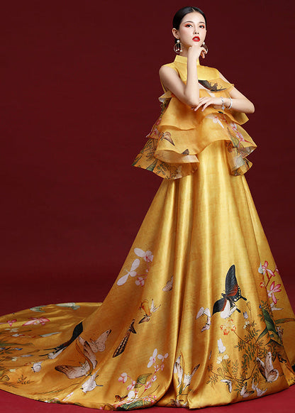 Yellow Stand Collar Print Ruffled Silk Maxi Dresses Sleeveless