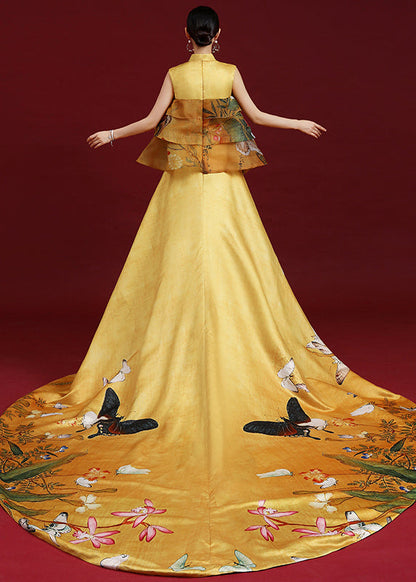 Yellow Stand Collar Print Ruffled Silk Maxi Dresses Sleeveless