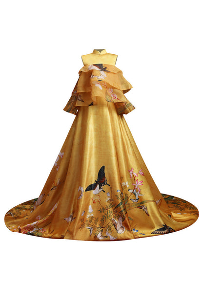 Yellow Stand Collar Print Ruffled Silk Maxi Dresses Sleeveless
