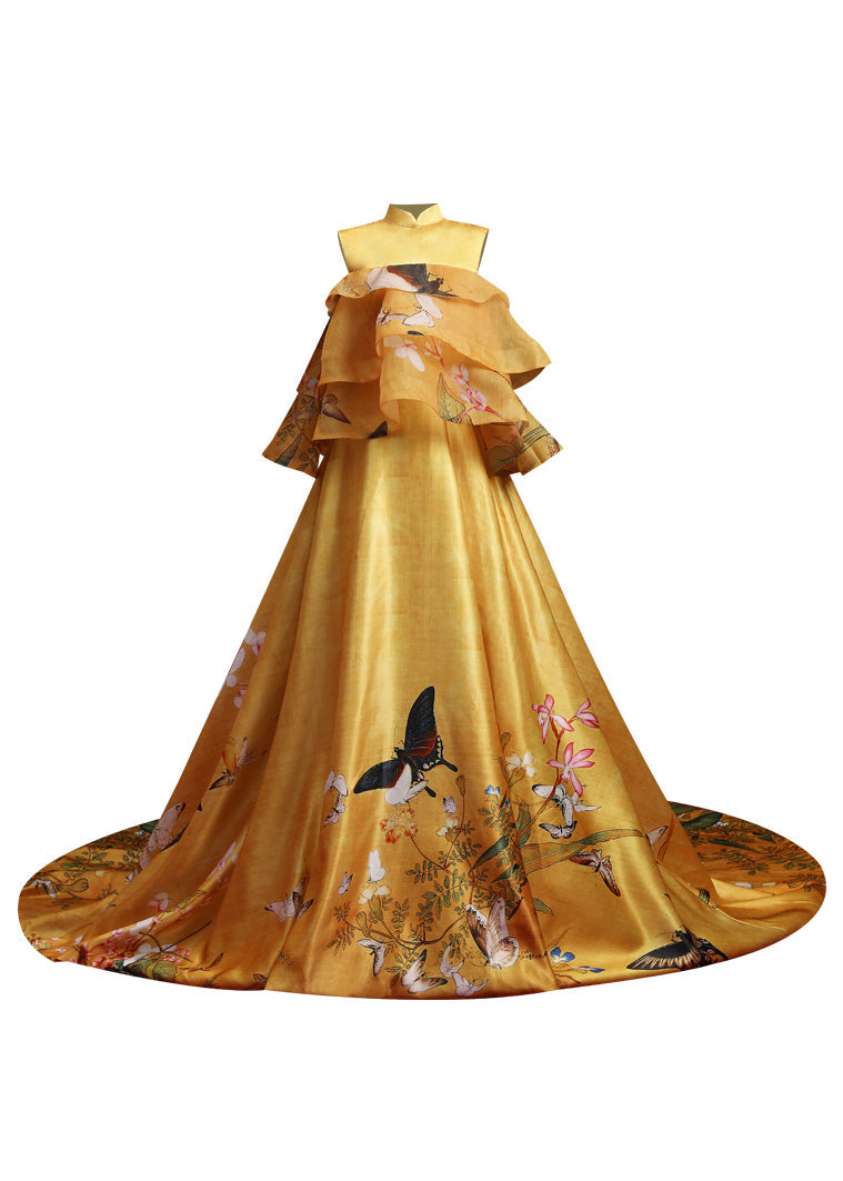 Yellow Stand Collar Print Ruffled Silk Maxi Dresses Sleeveless