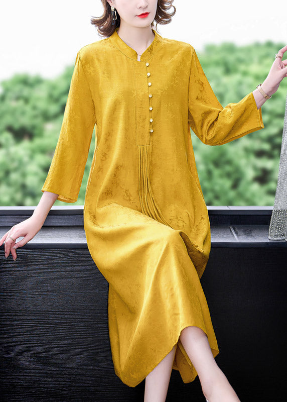 Yellow Stand Collar Tassel Button Silk Long Dresses Long Sleeve