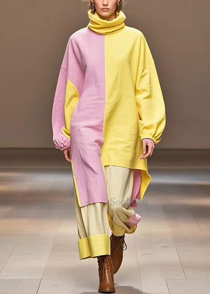 Yellow Turtleneck Asymmetrical Cotton Dress Long Sleeve