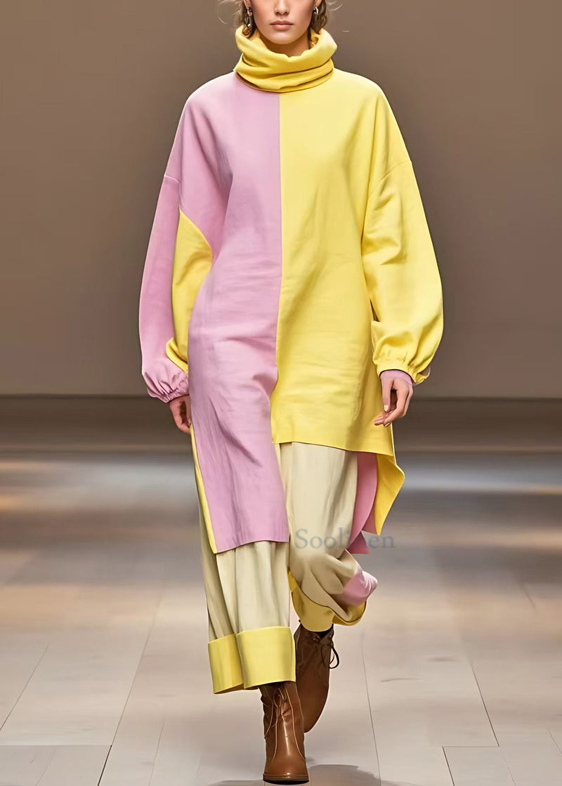 Yellow Turtleneck Asymmetrical Cotton Dress Long Sleeve