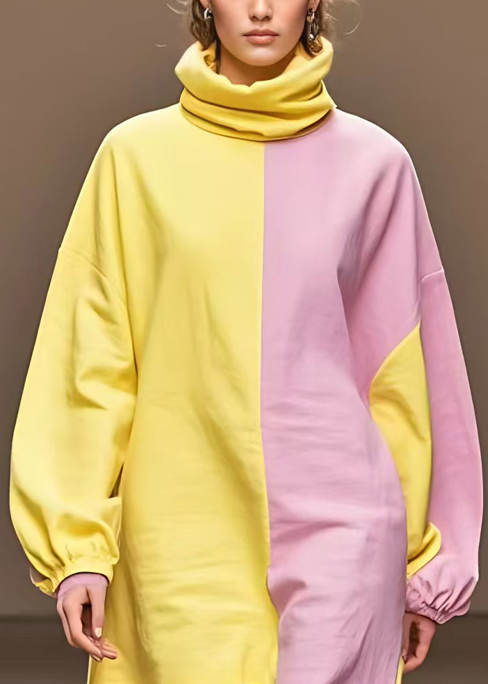 Yellow Turtleneck Asymmetrical Cotton Dress Long Sleeve
