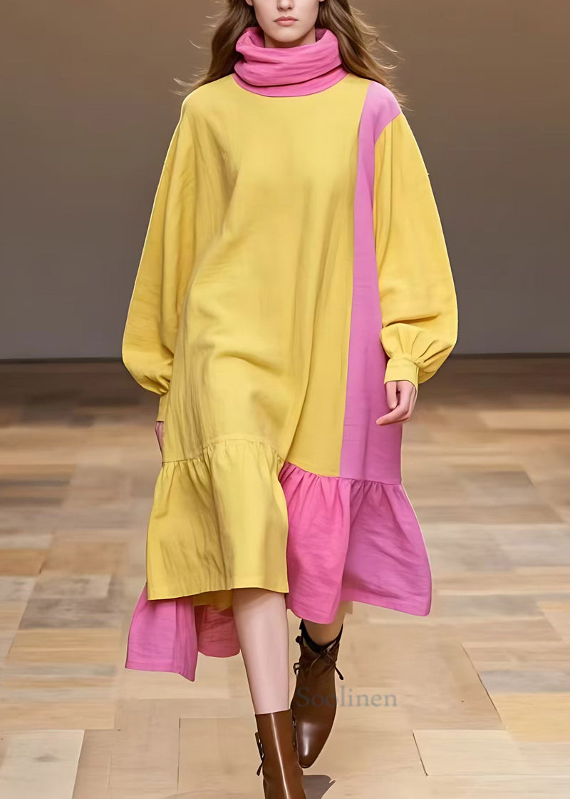 Yellow Turtleneck Patchwork Cotton Dress Long Sleeve