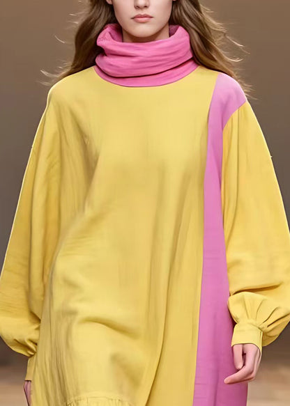 Yellow Turtleneck Patchwork Cotton Dress Long Sleeve
