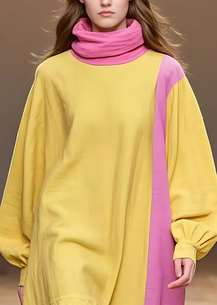Yellow Turtleneck Patchwork Cotton Dress Long Sleeve