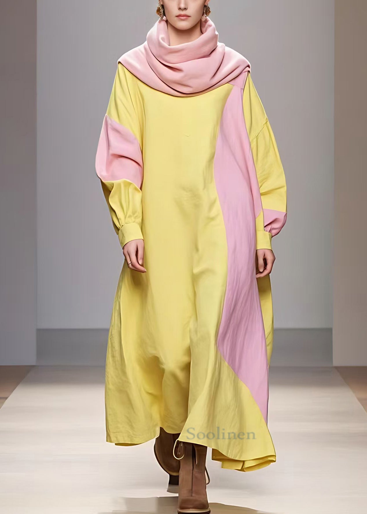 Yellow Turtleneck Patchwork Cotton Robe Dresses Long Sleeve