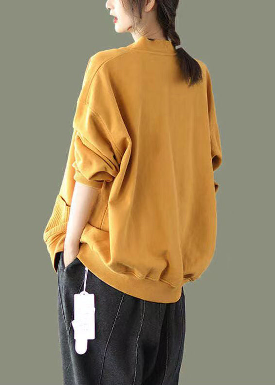 Yellow V Neck Button Patchwork Warm Fleece Sweatshirt Coat Fall