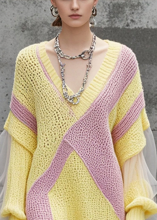 Yellow V Neck Patchwork Tulle Knitwear Dress Fall