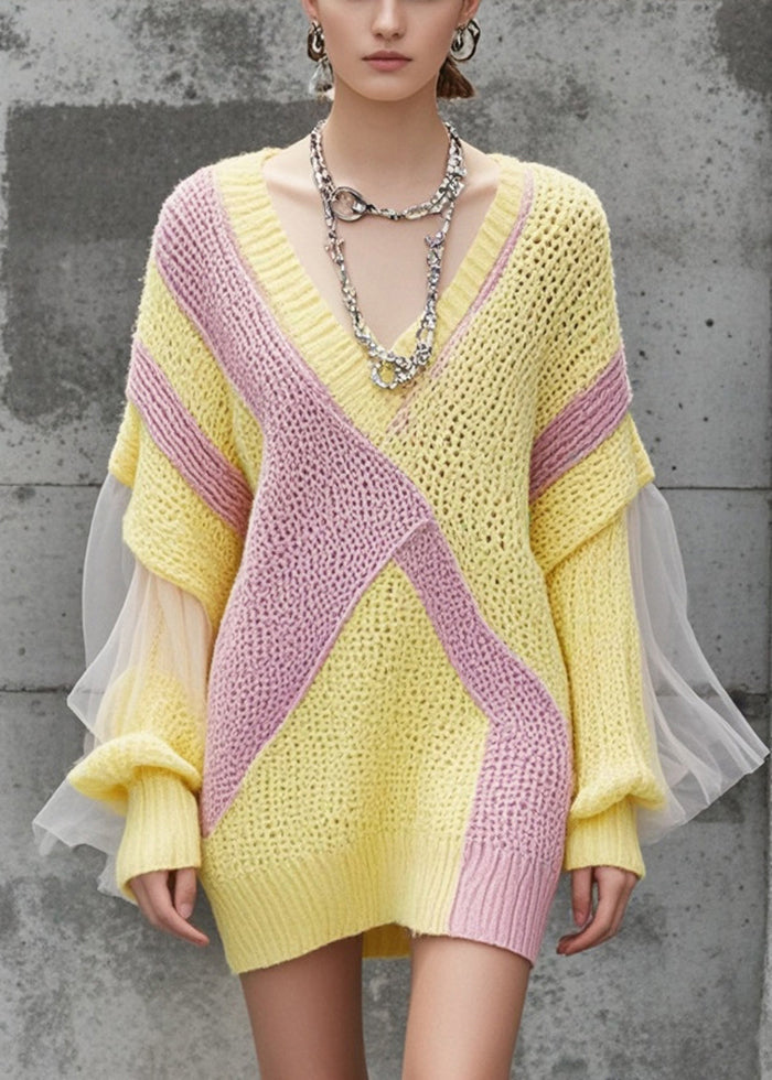 Yellow V Neck Patchwork Tulle Knitwear Dress Fall