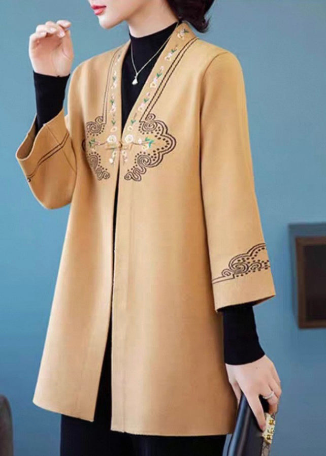 Yellow V Neck Pockets Woolen Coats Three Quarter Sleeve
