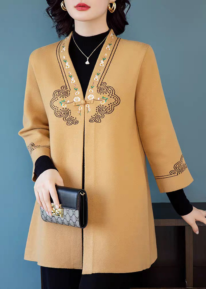 Yellow V Neck Pockets Woolen Coats Three Quarter Sleeve
