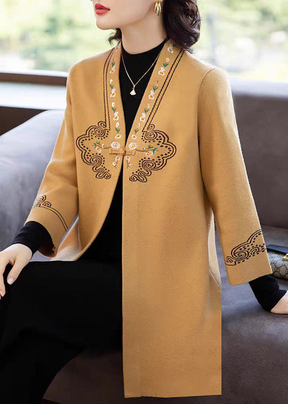 Yellow V Neck Pockets Woolen Coats Three Quarter Sleeve