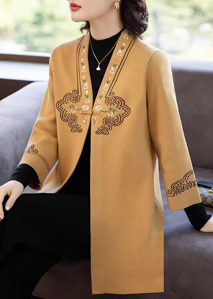 Yellow V Neck Pockets Woolen Coats Three Quarter Sleeve