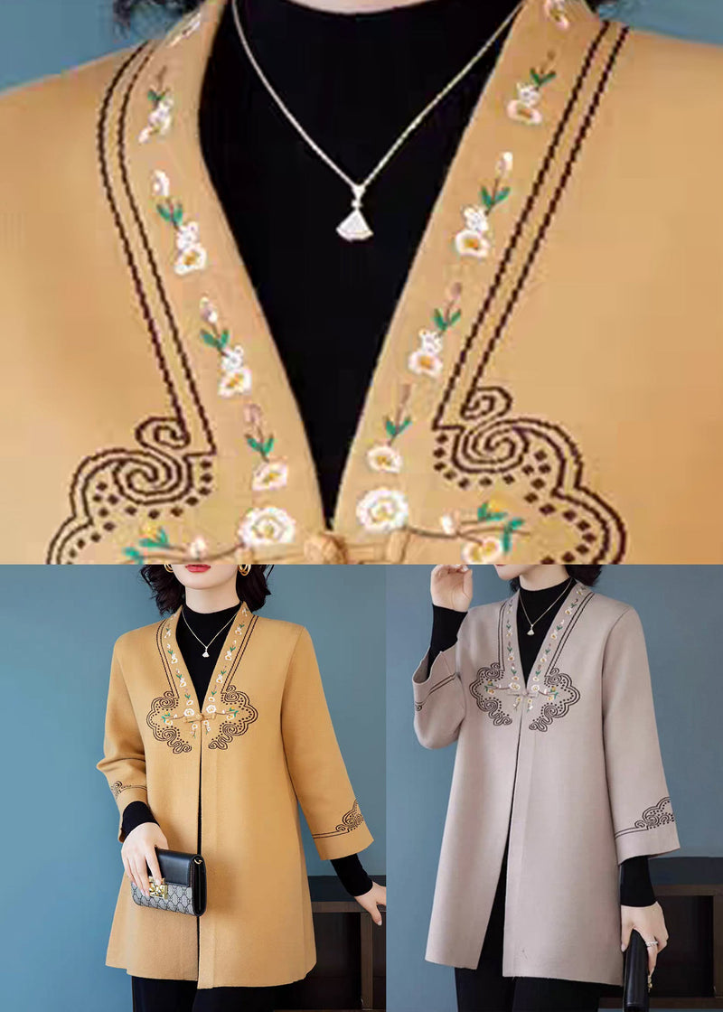 Yellow V Neck Pockets Woolen Coats Three Quarter Sleeve