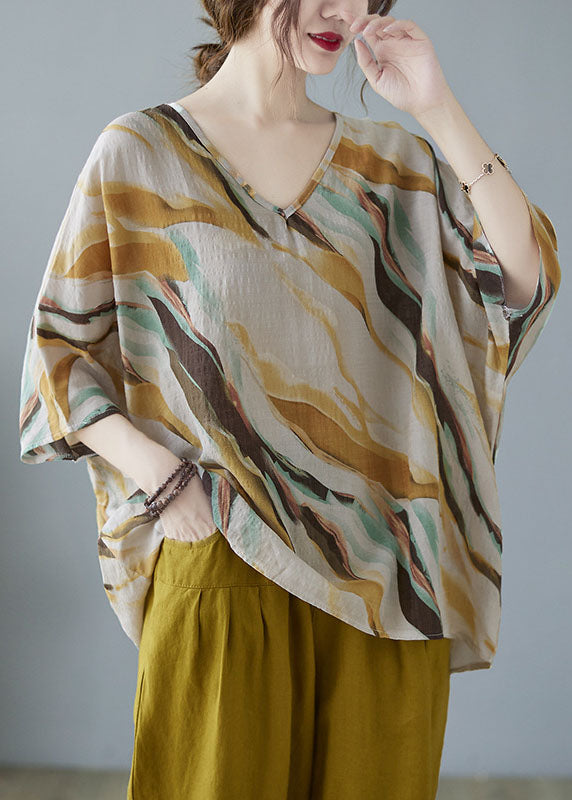 Yellow V Neck Print Fall Striped Shirt Tops Half Sleeve