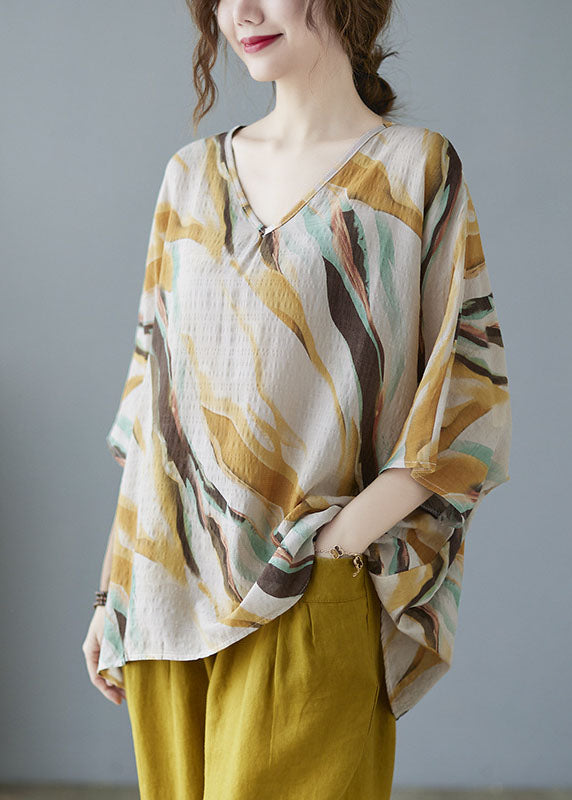 Yellow V Neck Print Fall Striped Shirt Tops Half Sleeve