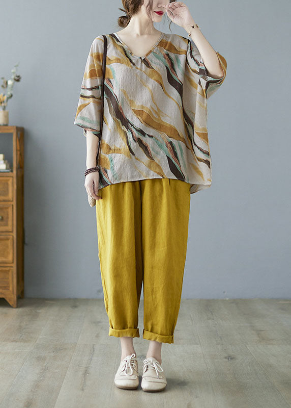 Yellow V Neck Print Fall Striped Shirt Tops Half Sleeve