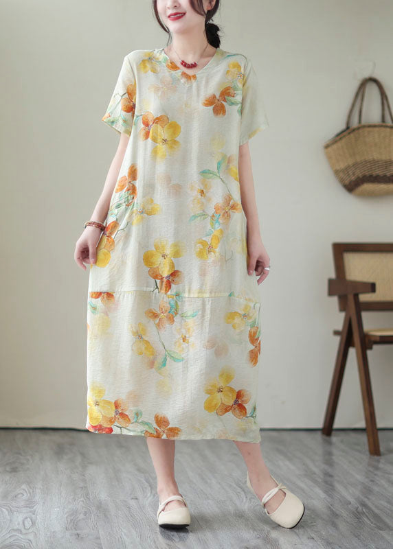Yellow V Neck Print Patchwork Cotton Dress Summer
