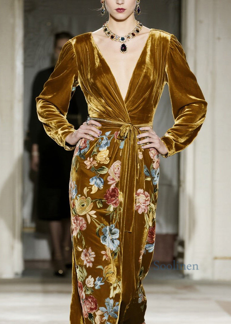 Yellow V Neck Print Velvet Maxi Dresses Spring