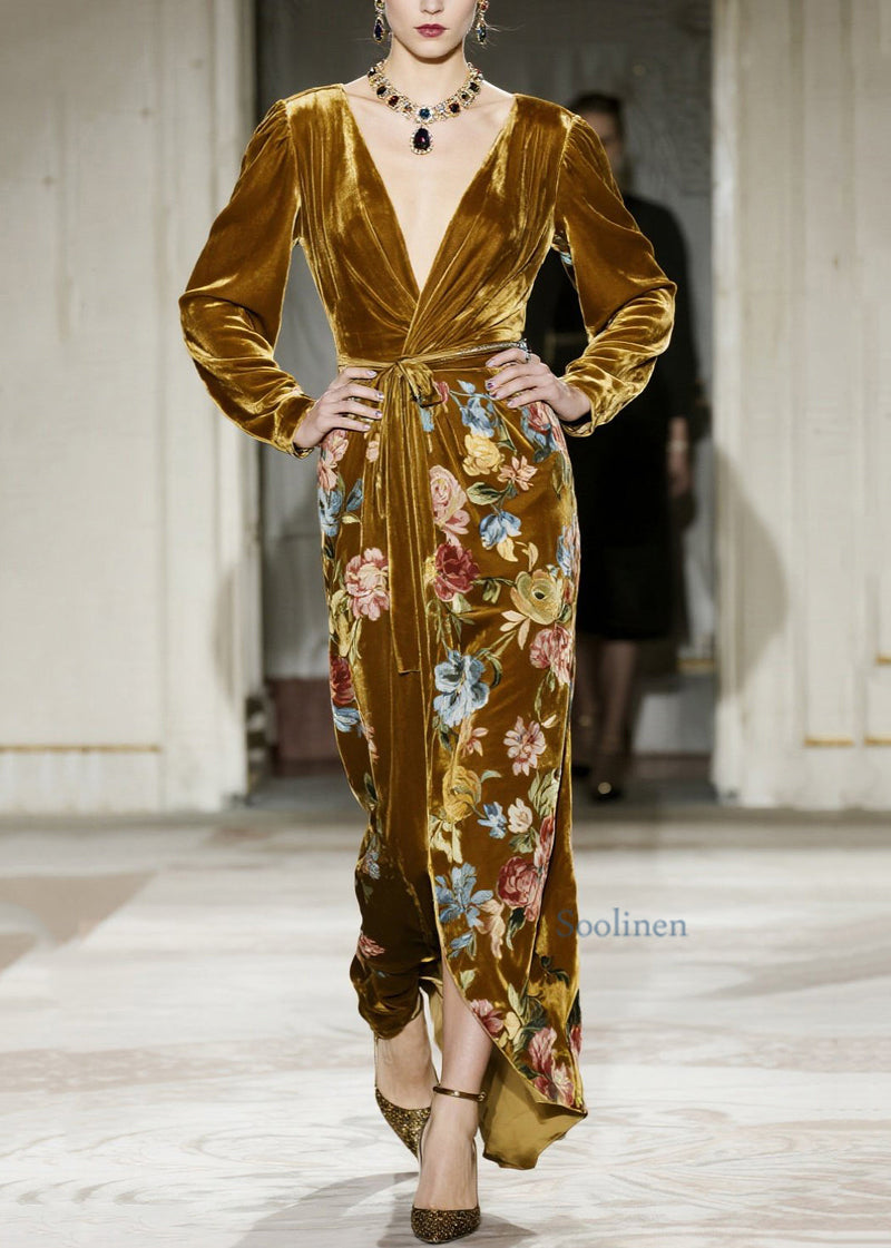 Yellow V Neck Print Velvet Maxi Dresses Spring
