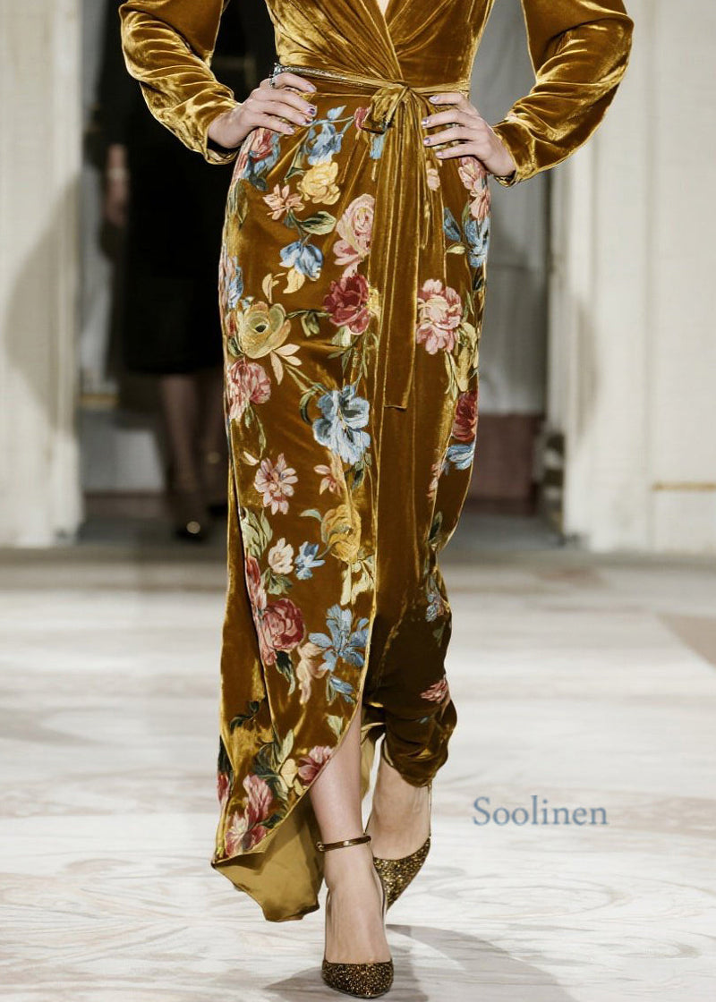 Yellow V Neck Print Velvet Maxi Dresses Spring