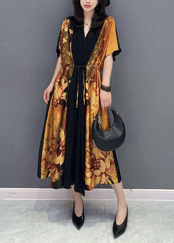 Yellow V Neck Print Wrinkled Drawstring Patchwork Silk Dress Summer