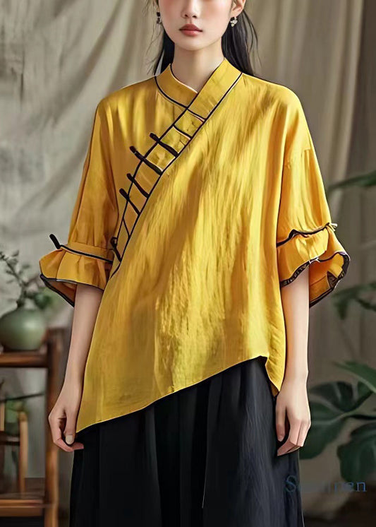 Yellow V Neck Cotton Blouses Half Sleeve
