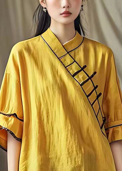 Yellow V Neck Cotton Blouses Half Sleeve