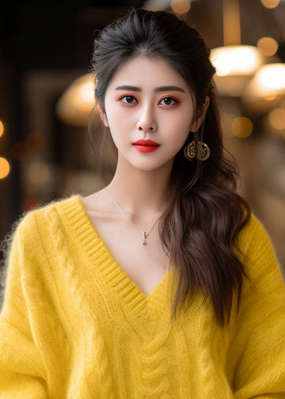 Yellow V Neck Cotton Knit Sweaters Winter